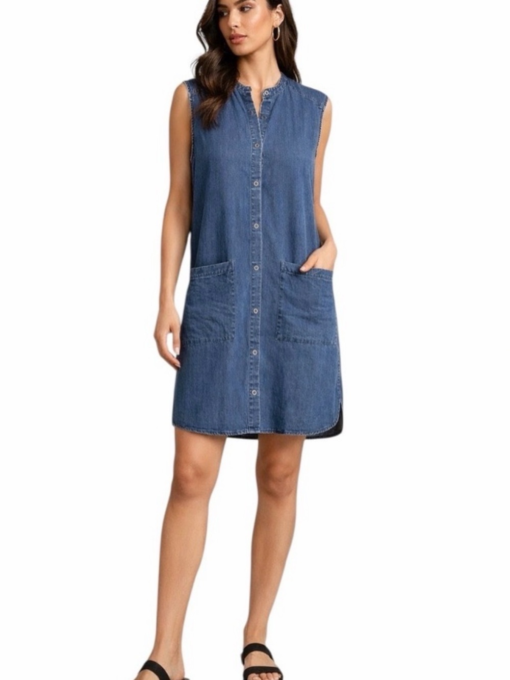 Eileen Fisher Dark Blue Denim Midi Button-Front Dress - Picture 4 of 4